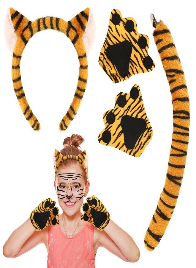 XEPST Animal Tiger Costume Set, Tiger Ears and Tail Set with Ears Headband, Tail, Paws, Face Sticker for Animal Costume Cosplay Birthday Party Accessories Carnival Halloween Fancy Dress Party Supplies - Image 1